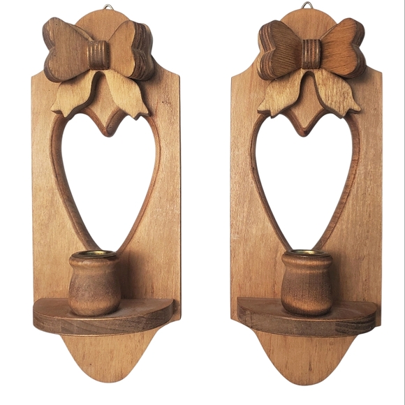 None Other - Charming Cottagcore Wooden Heart & Bow Wall Sconce Set. 11" x 4.5"